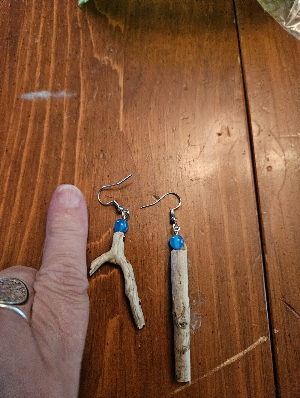 Ooak Handmade Driftwood and Blue Bead Dangle Earrings - Women Jewelry